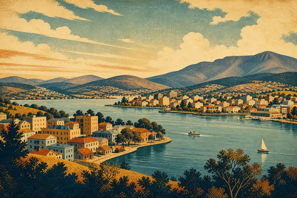 Abstract illustrated map composition for Hobart, Australia