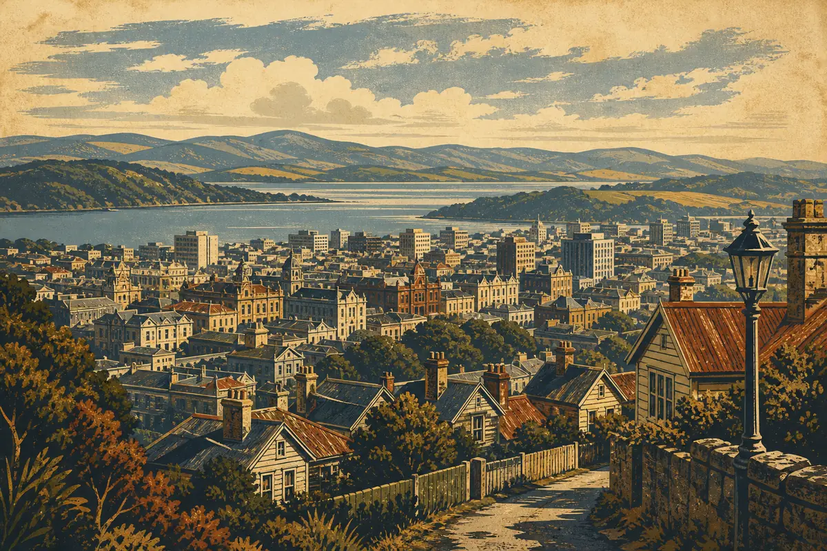 Abstract illustrated map composition for Dunedin, New Zealand