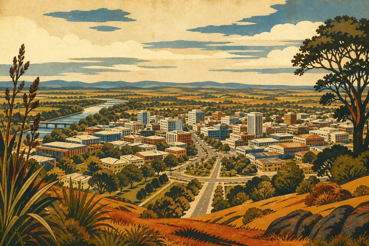 Abstract illustrated map composition for Hamilton, New Zealand