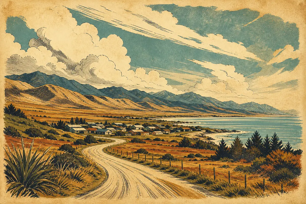 Abstract illustrated map composition for Kaikoura, New Zealand