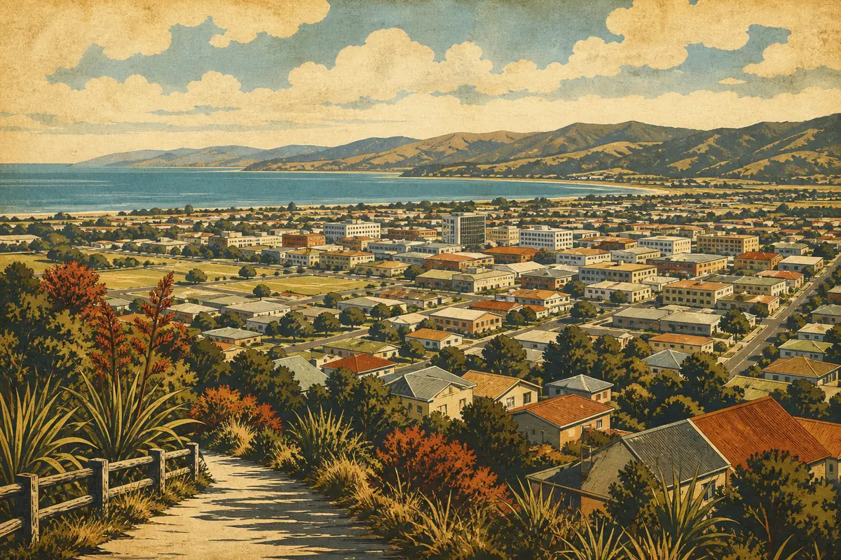 Abstract illustrated map composition for Lower Hutt, New Zealand