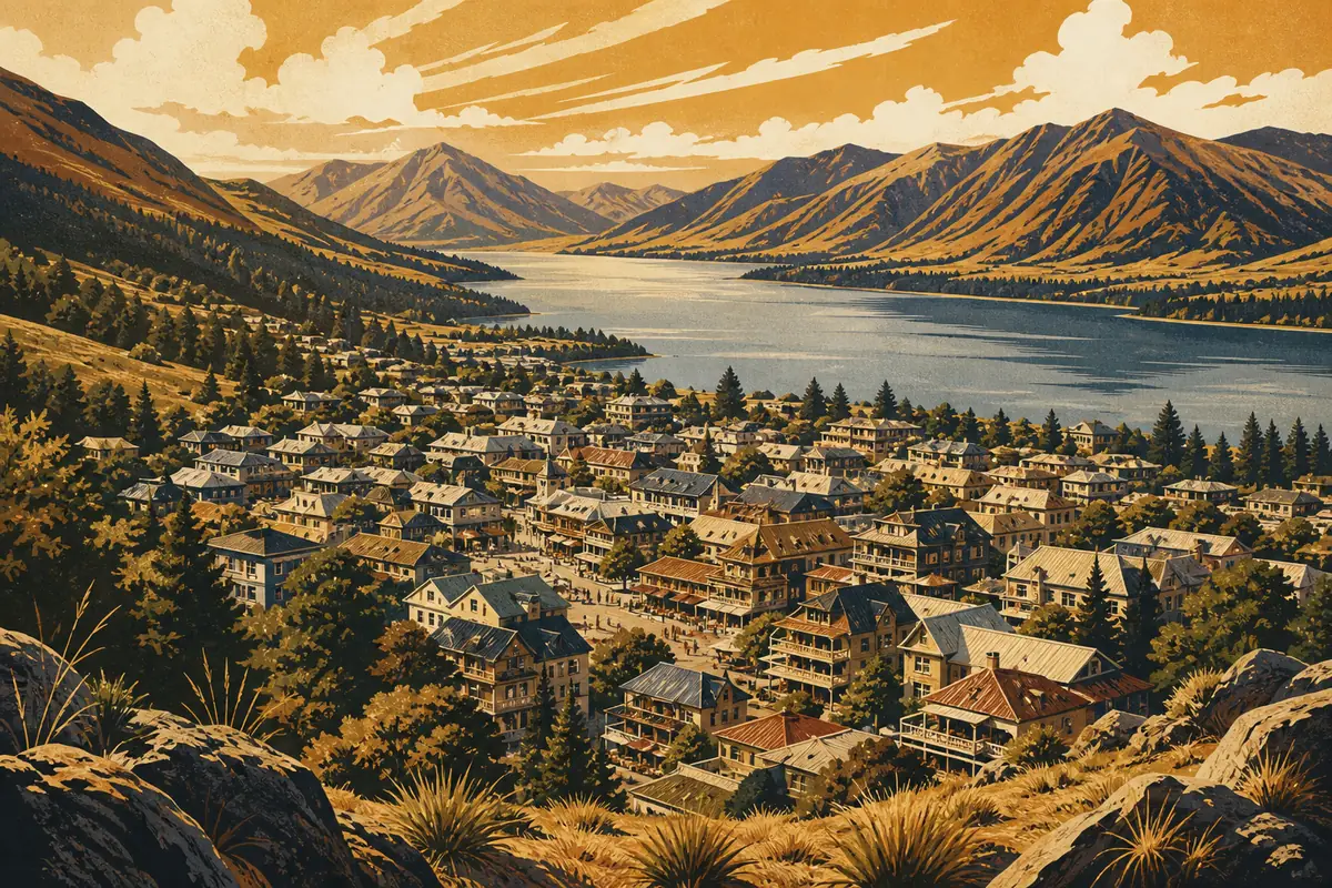 Abstract illustrated map composition for Queenstown, New Zealand