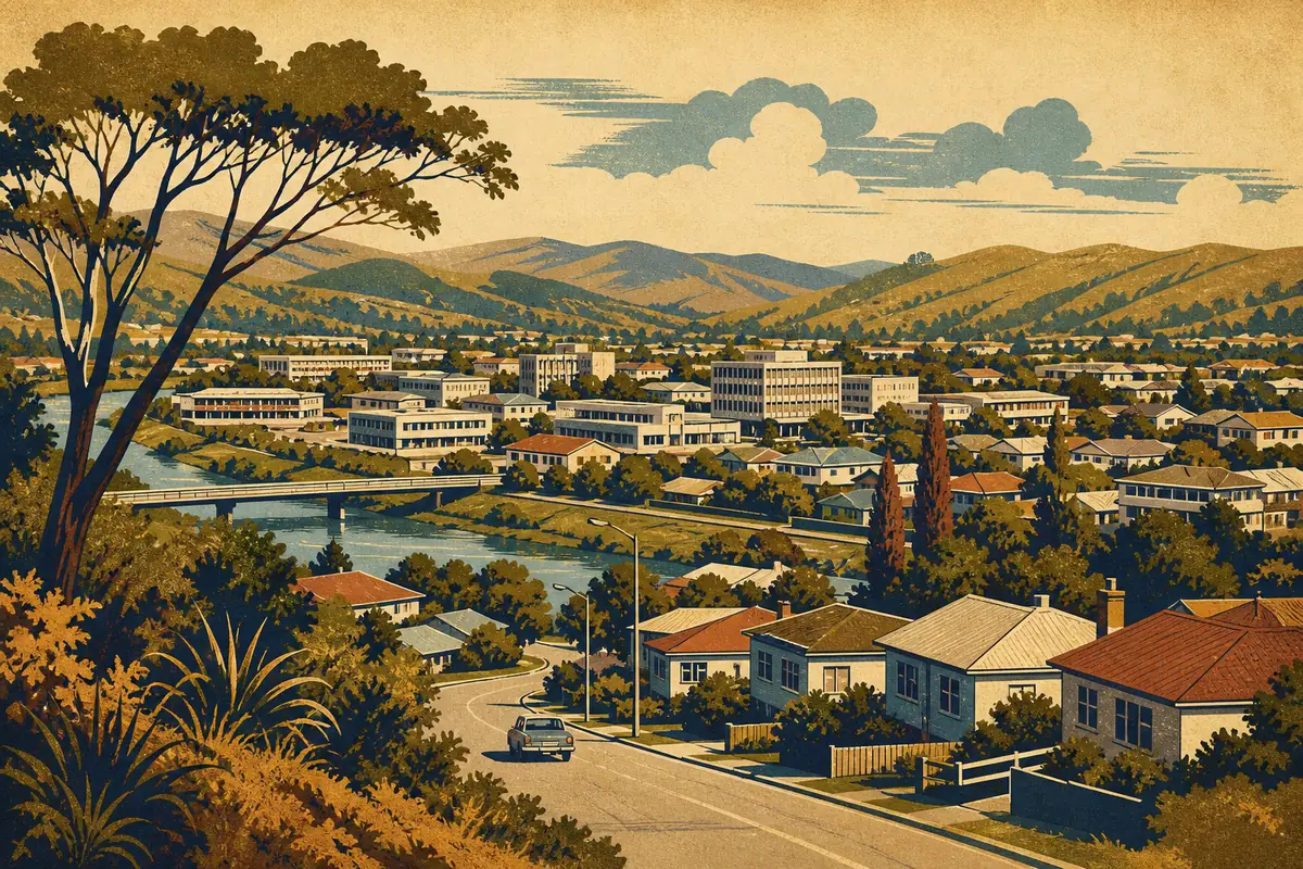 Abstract illustrated map composition for Upper Hutt, New Zealand