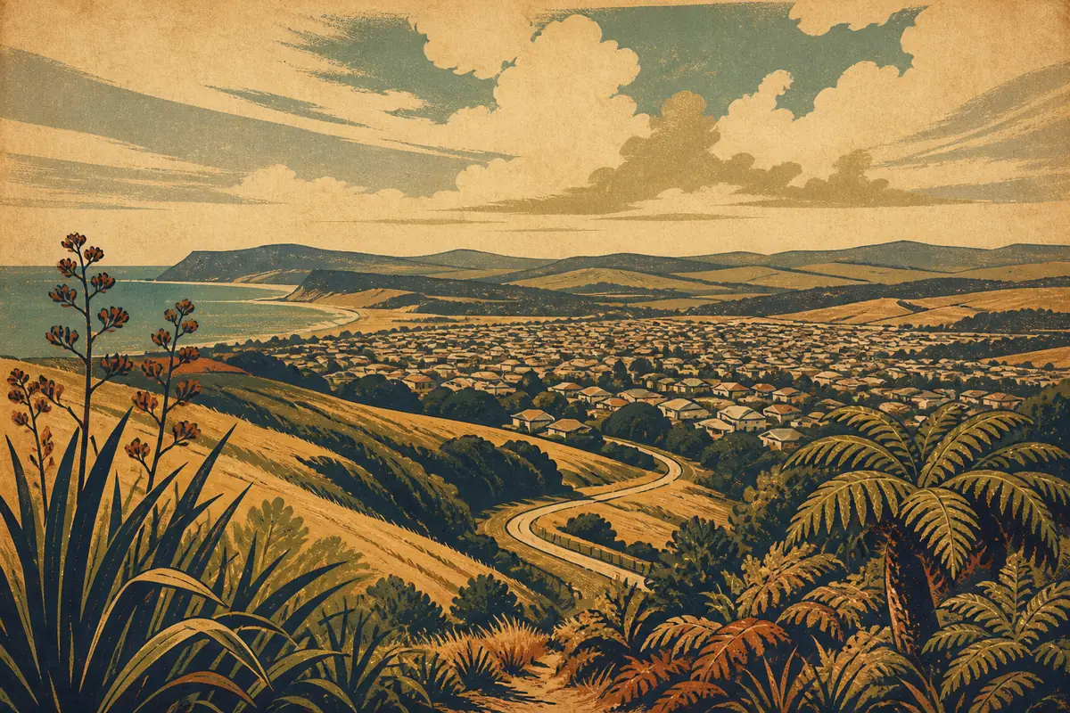 Abstract illustrated map composition for Waitakere, New Zealand