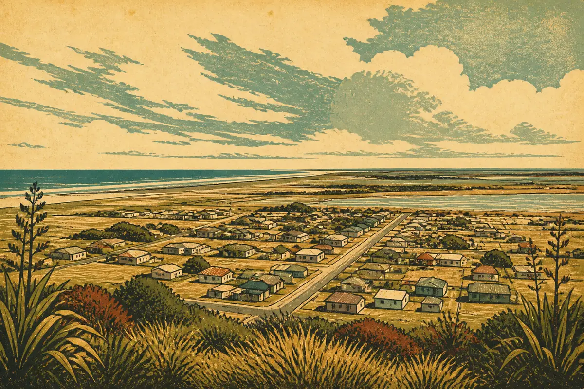 Abstract illustrated map composition for Westport, New Zealand