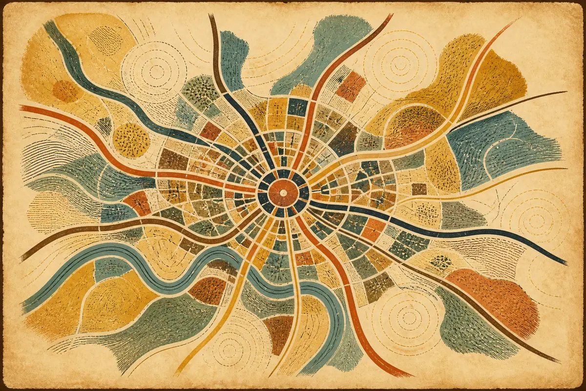 Abstract illustrated map composition for Caerdydd, United Kingdom