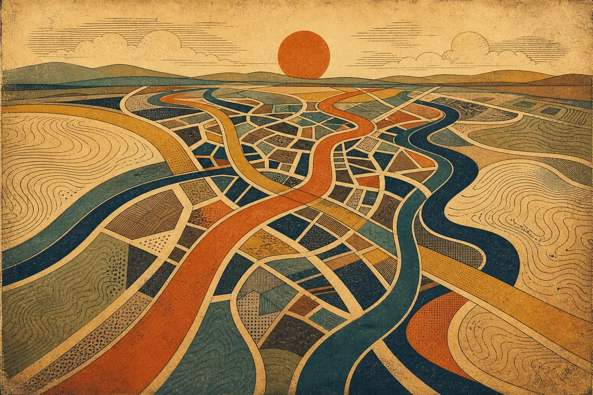 Abstract illustrated map composition for Exeter, United Kingdom
