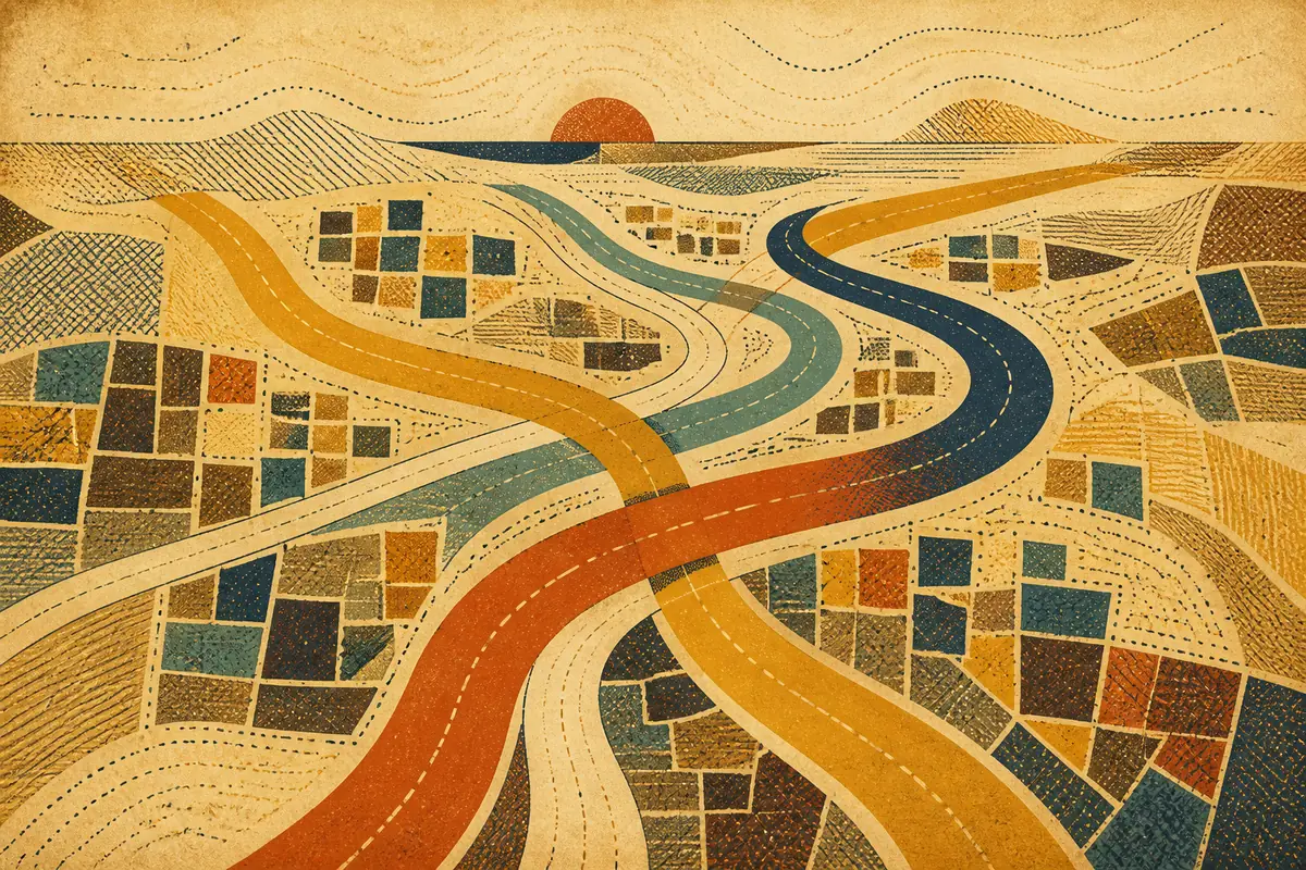 Abstract illustrated map composition for Pen-y-Bont ar Ogwr, United Kingdom