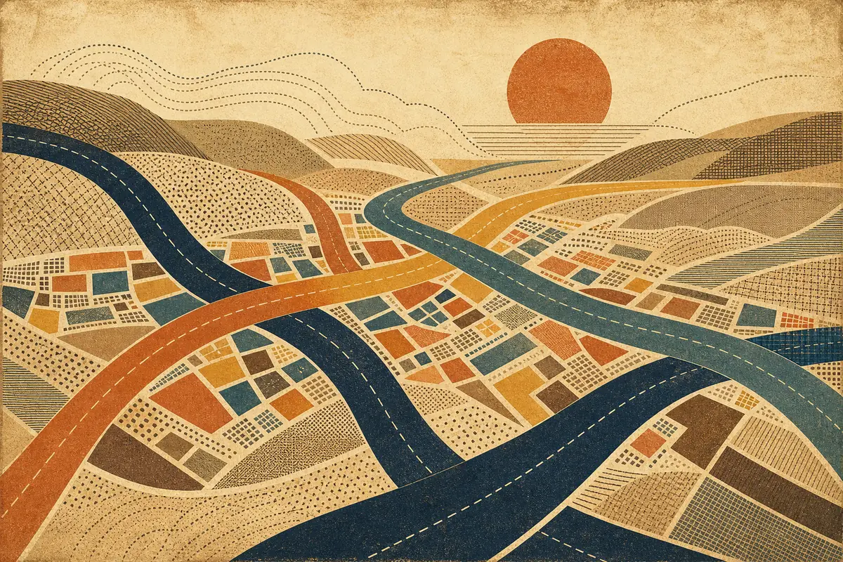 Abstract illustrated map composition for Rhondda, United Kingdom