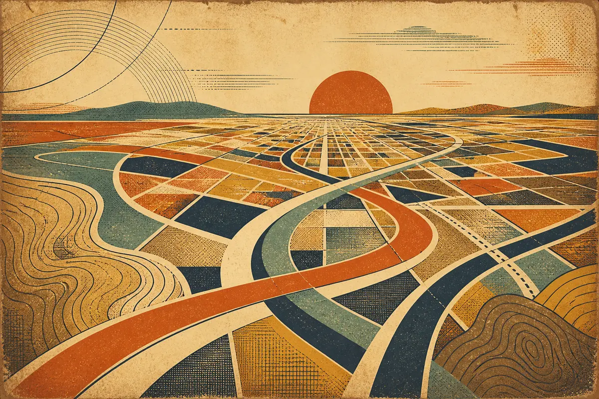 Abstract illustrated map composition for Downey, United States