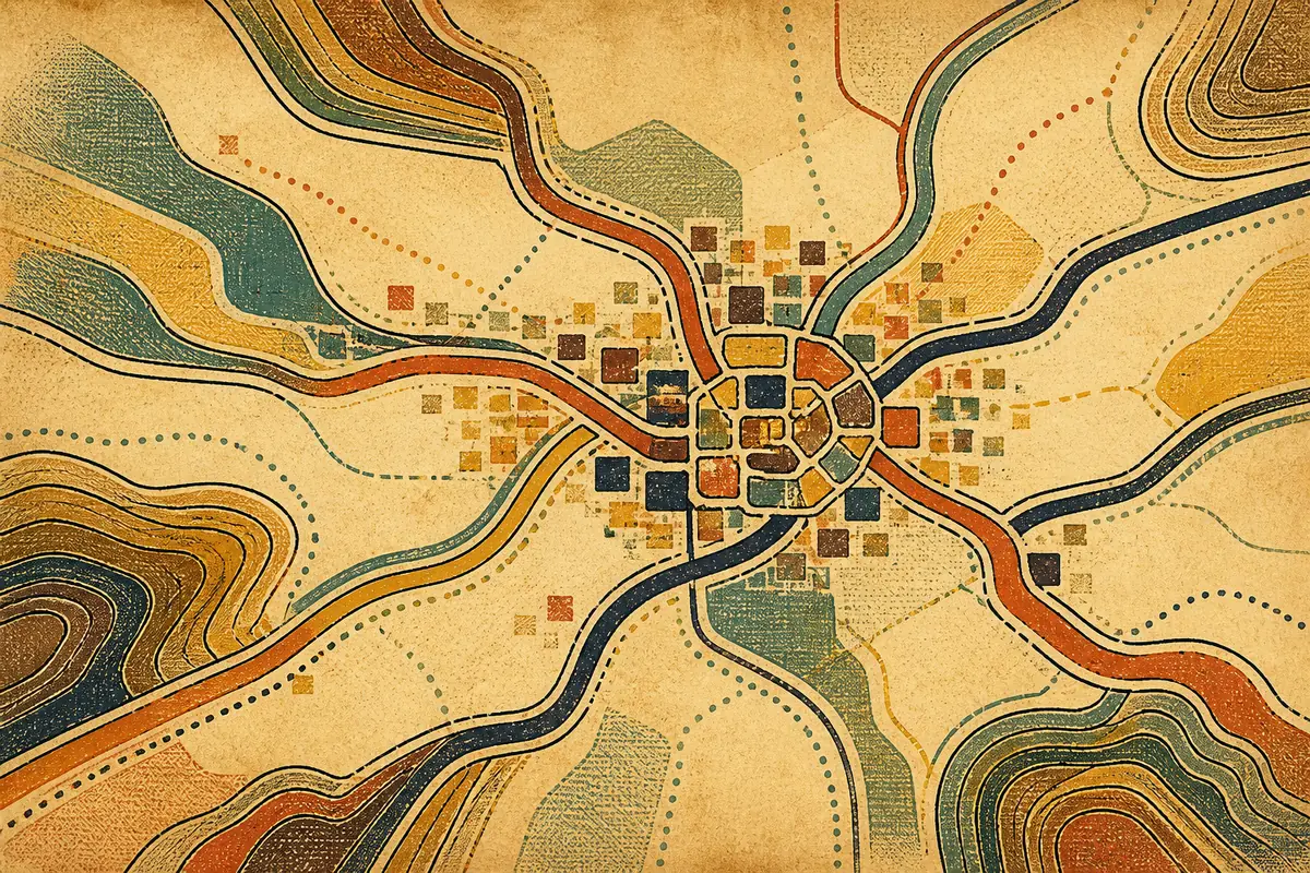 Abstract illustrated map composition for Evansville, United States