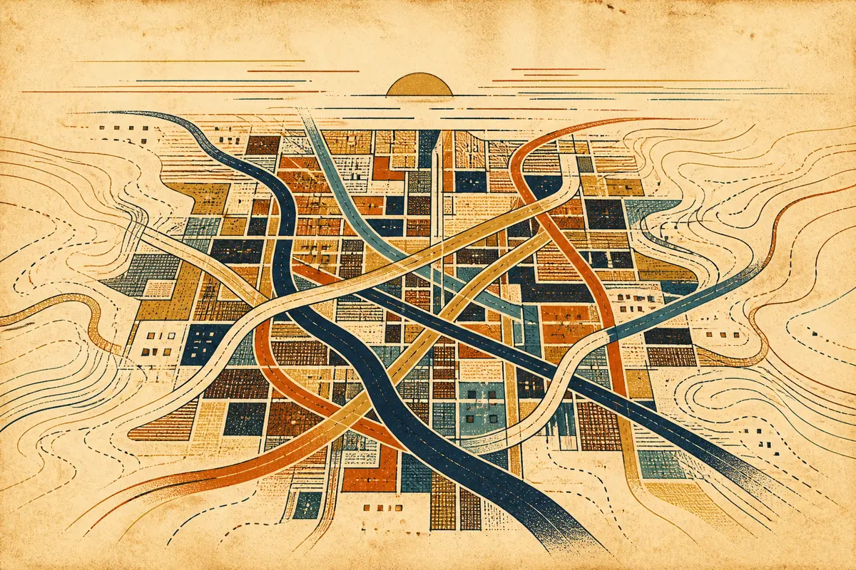 Abstract illustrated map composition for Garden Grove, United States