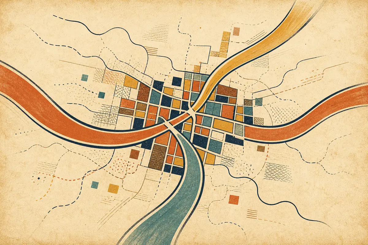Abstract illustrated map composition for Pharr, United States