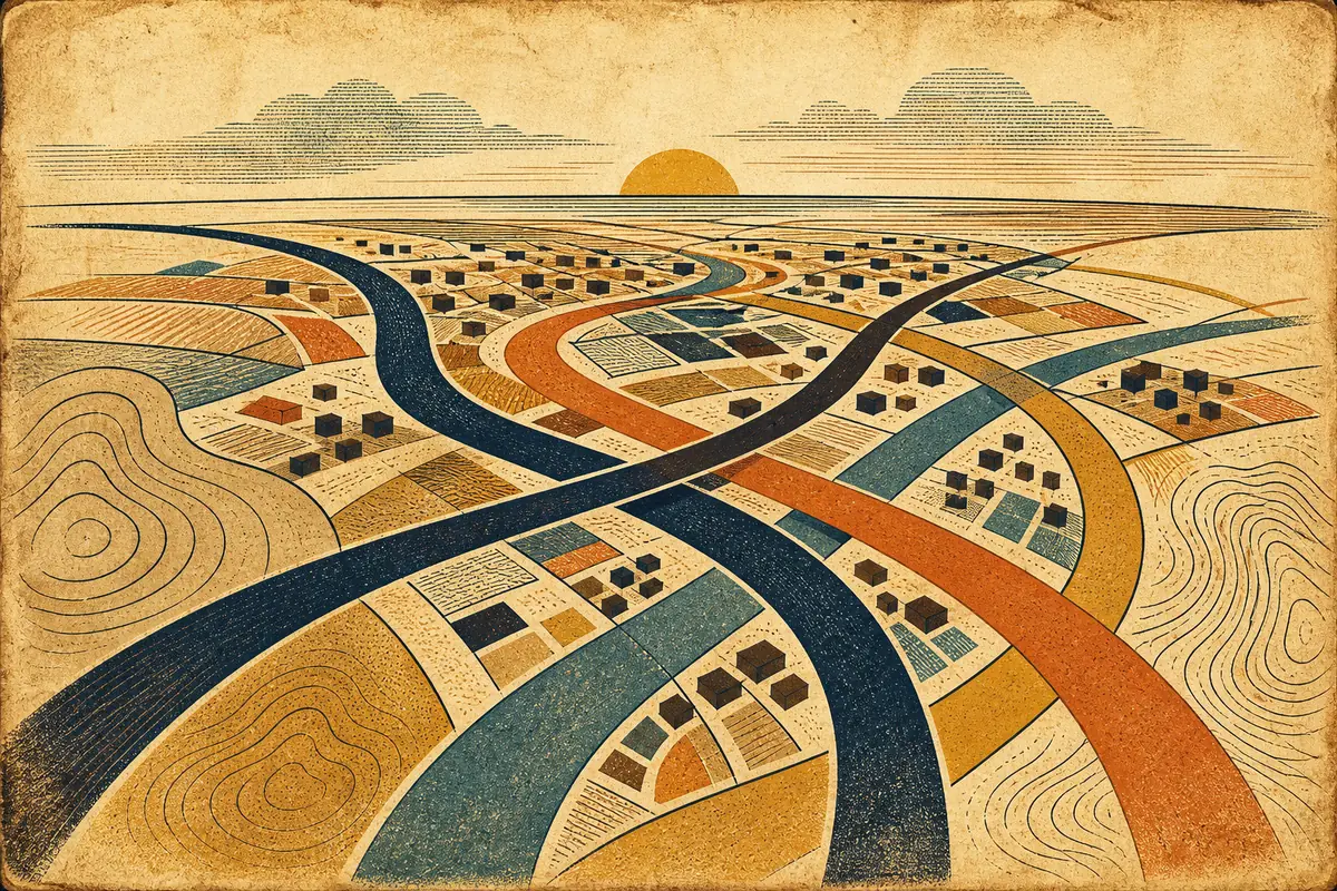 Abstract illustrated map composition for Town 'n' Country, United States