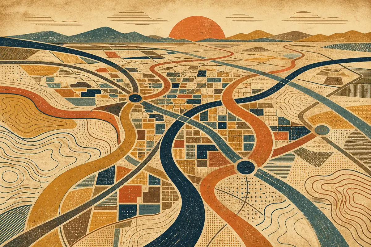 Abstract illustrated map composition for Tustin, United States