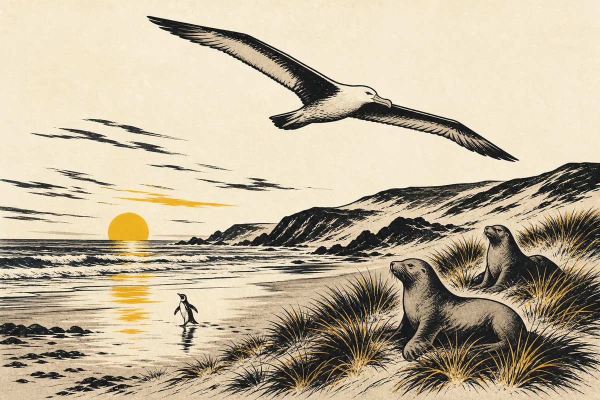 Illustration of a rugged southern coastline at dusk with a large seabird gliding overhead, a small penguin crossing wet sand, and sea lions resting among dune grass