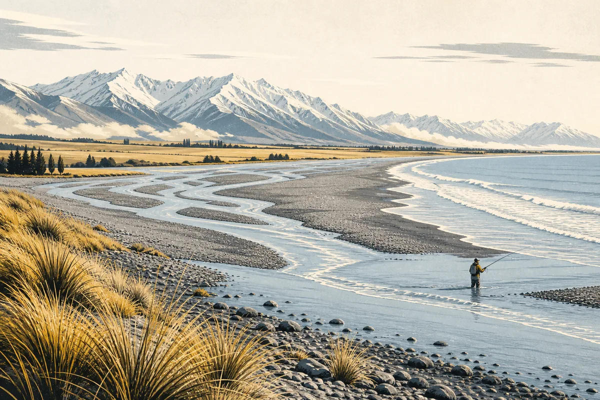 Illustration of a braided river meeting the Pacific across a quiet shingle beach, with tussock and flat farmland stretching inland to snow-capped mountains