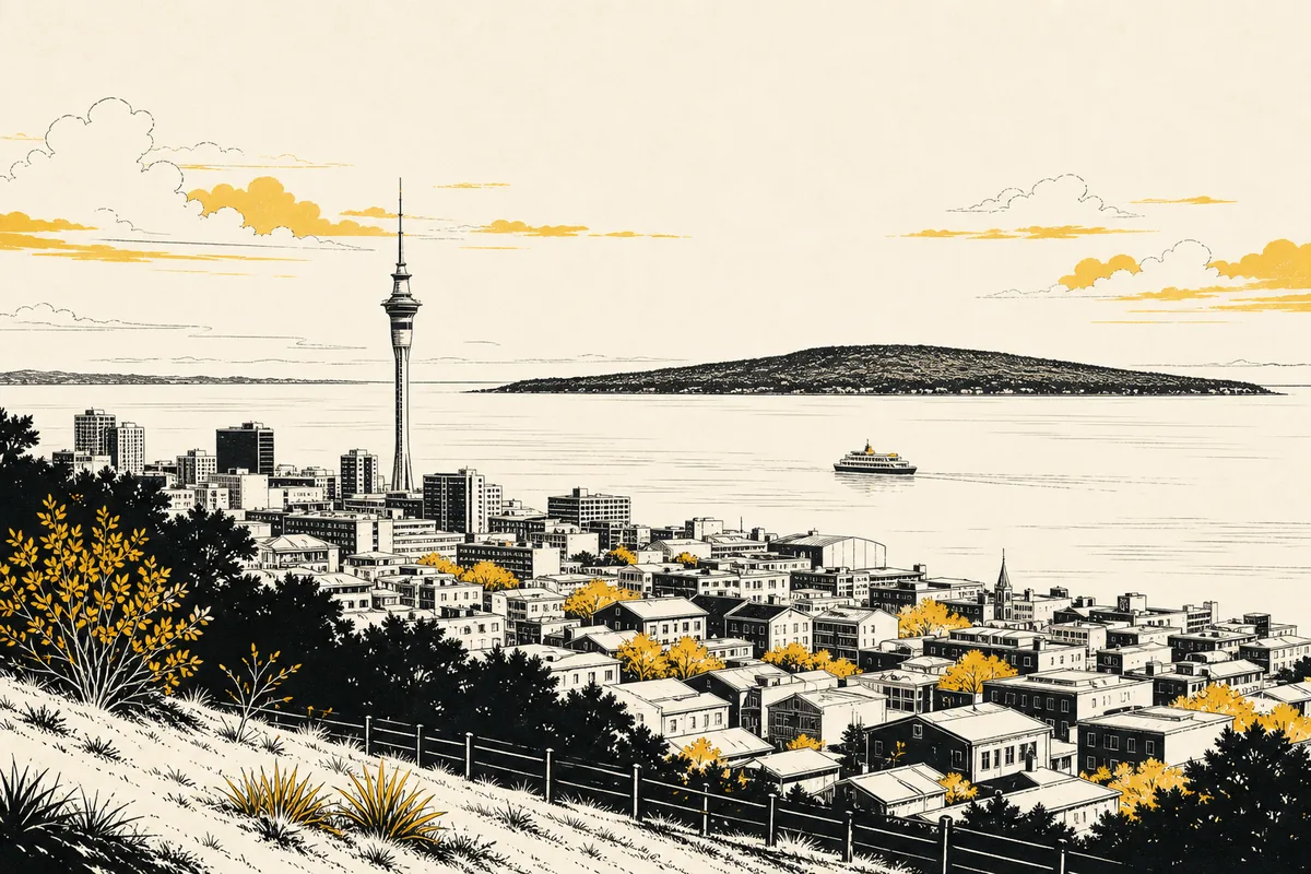 Illustration of a harbour city day unfolding in stages, from a slender observation tower above downtown rooftops to a small ferry crossing open water toward a low volcanic cone on the horizon
