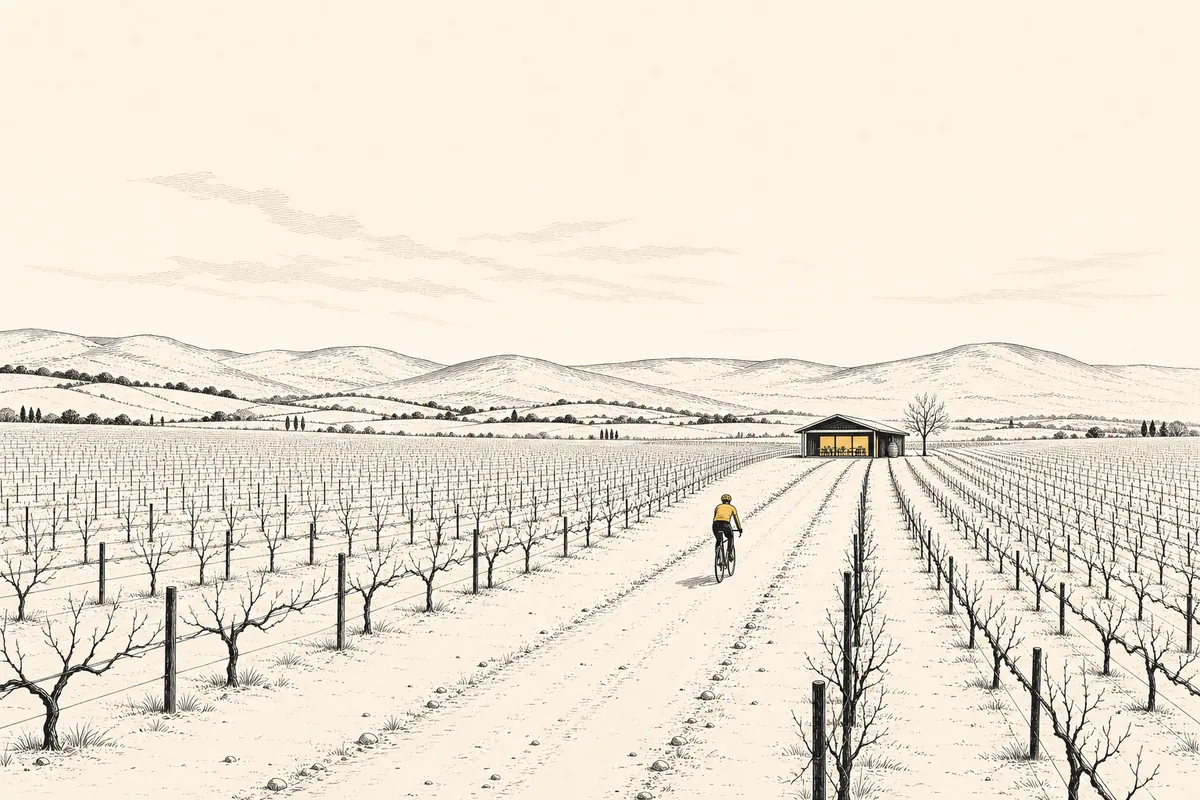 Illustration of a cyclist on a gravel lane between rows of winter vines in a broad valley, low hills rising behind a small tasting shed