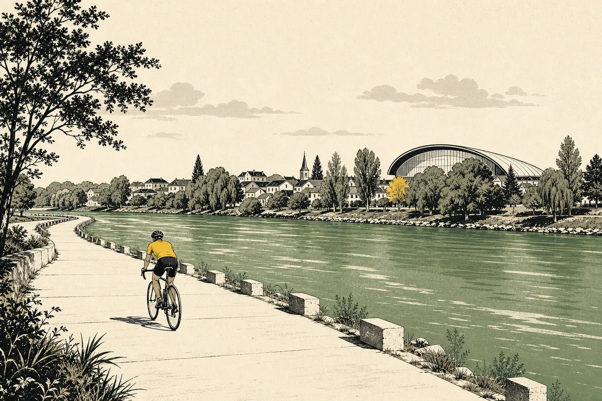 Illustration of a cyclist on a wide concrete riverside path beside a broad slow green river, with the curved roof of an indoor cycling arena and small-town rooftops rising behind
