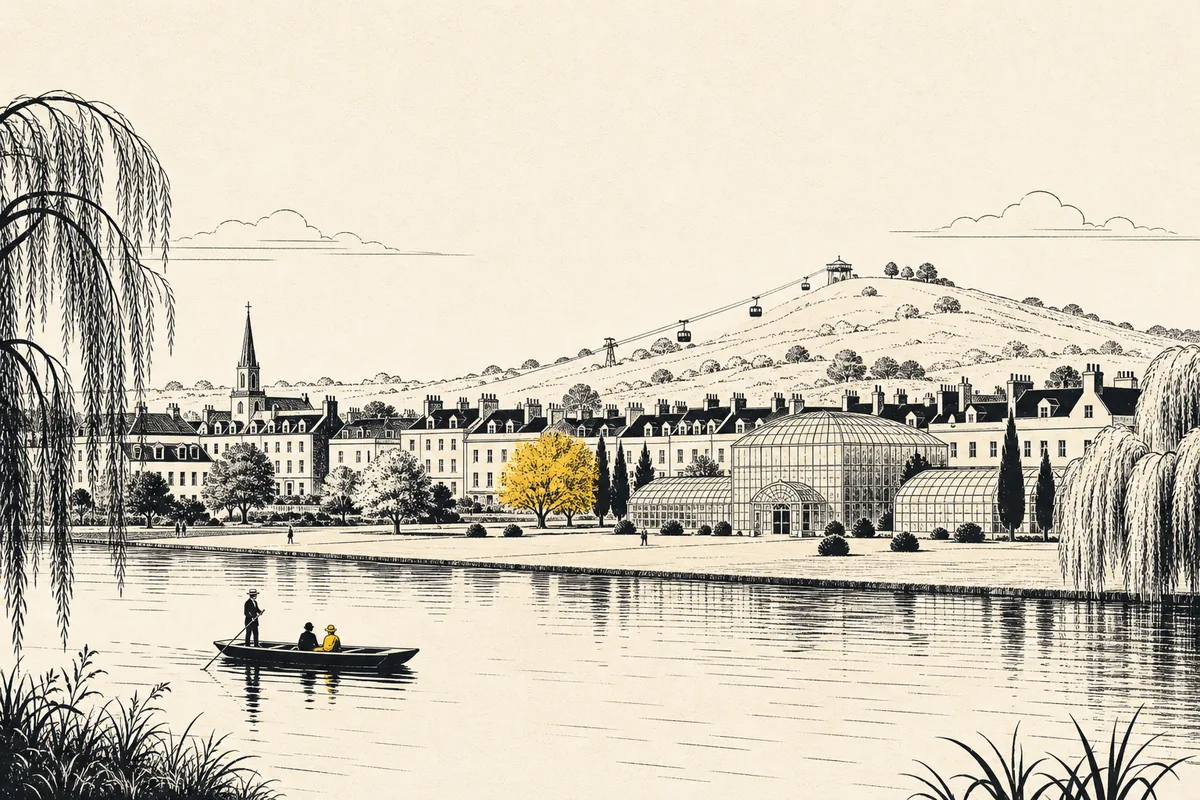 Illustration of a flat garden city beside a willow-lined river, with a small flat-bottomed boat drifting past open lawns and a cable line climbing a low hill behind the rooftops