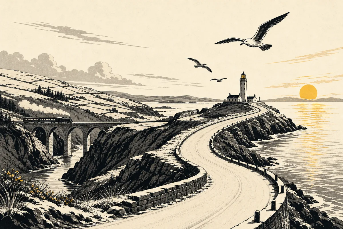 Illustration of a long harbour peninsula road curving out toward a lighthouse headland, with a small train crossing a stone viaduct inland and low winter sun over the water