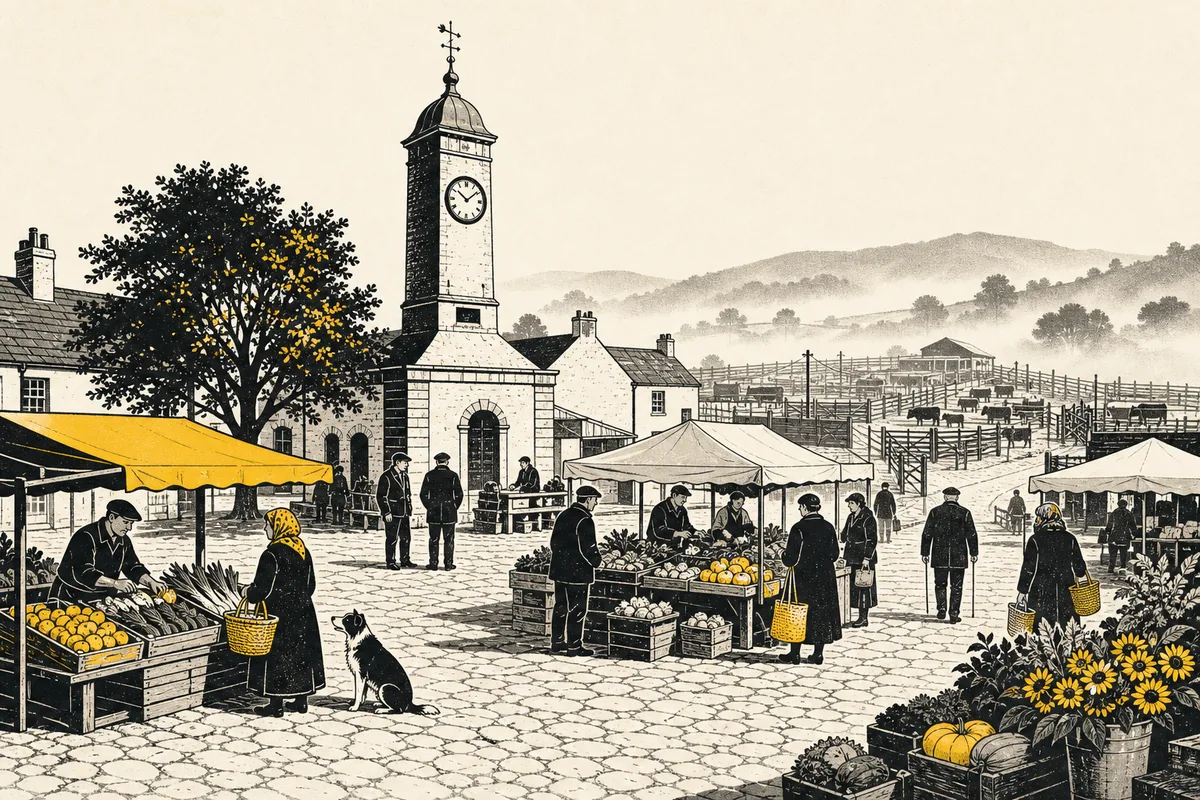Illustration of a small rural town square on market morning, stalls and shoppers on cobblestones beneath a clocktower, with the rails and pens of a working livestock yard a couple of streets beyond