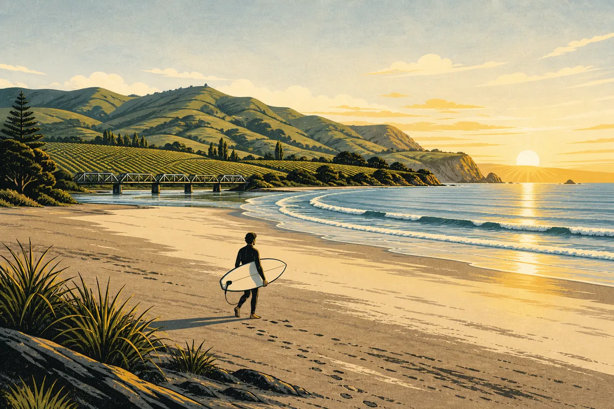 Illustration of sunrise over a wide east-coast bay, with a surfer crossing an empty beach, low green hills and rows of vines inland, and a small rail bridge over a river in the distance