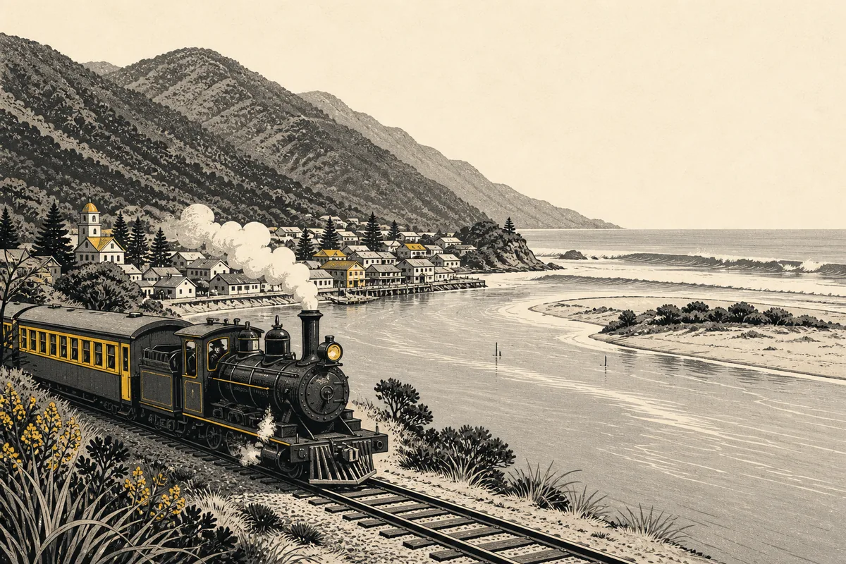 Illustration of a heritage steam train easing into a river-mouth town on a rugged coast, a bush-covered range rising behind it and grey surf breaking beyond the wharf
