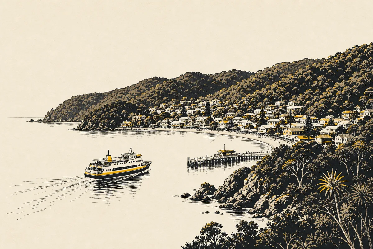Illustration of a small harbour township curved around a crescent bay on a forested island, with a passenger ferry drawing in past a rocky headland and bush hills rising behind