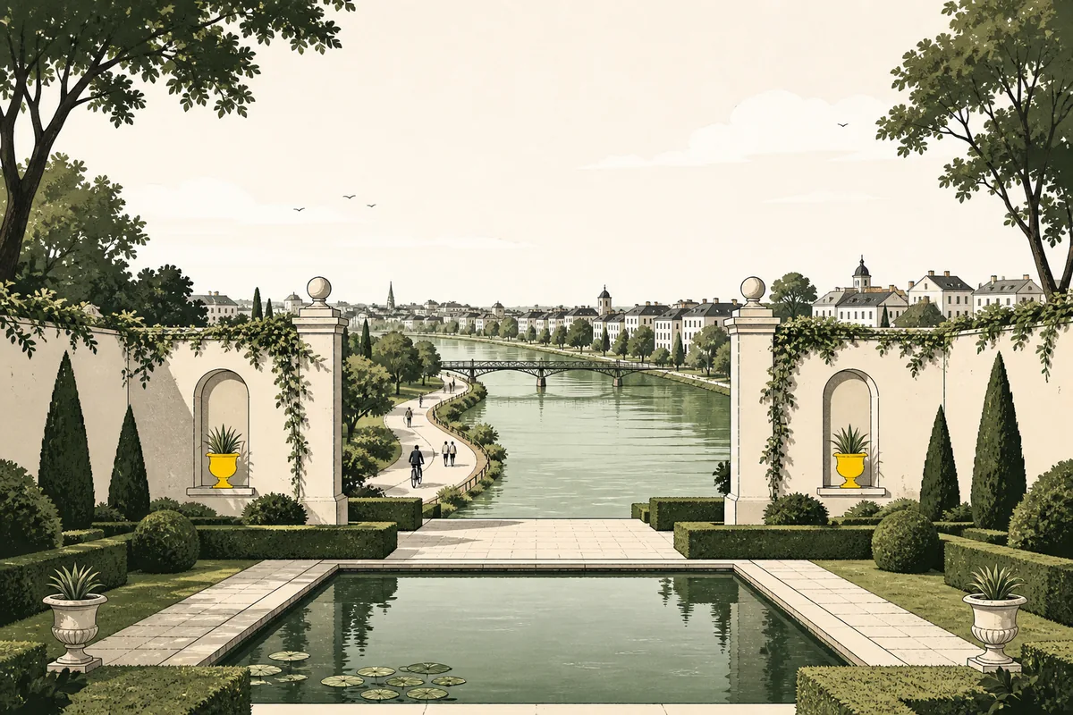 Illustration of a walled formal garden courtyard opening onto a wide slow green river that curves through a low-rise city, with a shared path running along the bank