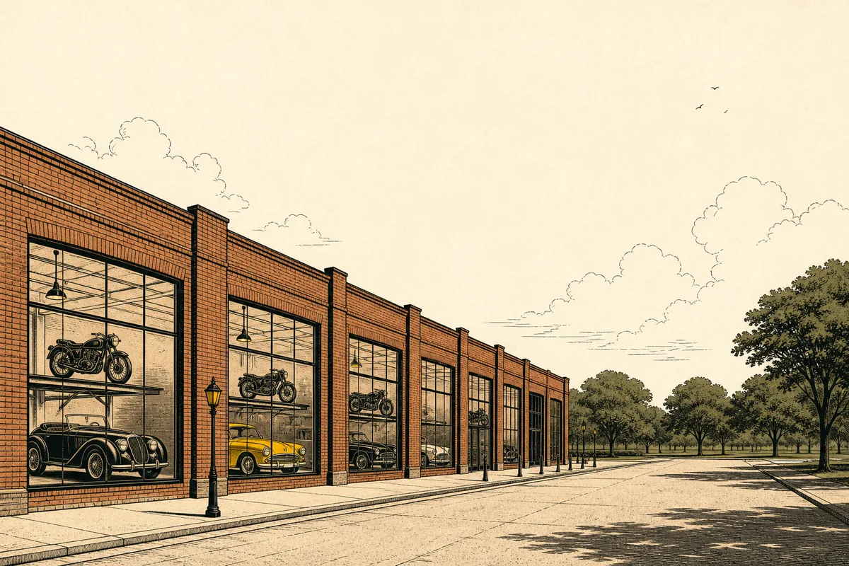Illustration of a broad low-rise southern city street with vintage cars and motorcycles ranged behind the tall windows of a brick warehouse frontage and a green park of mature trees at the end of the road