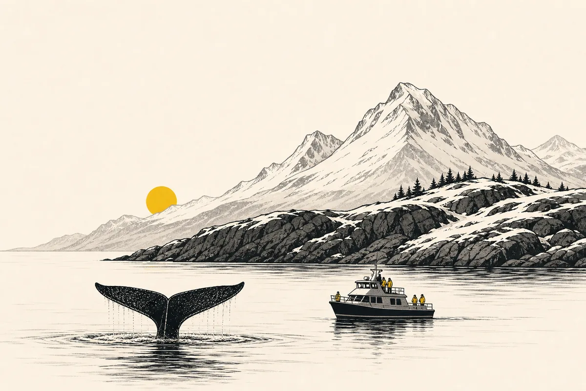 Illustration of a sperm whale's tail rising beside a small whale-watching boat off a rocky peninsula, with snow-dusted coastal mountains meeting the sea behind