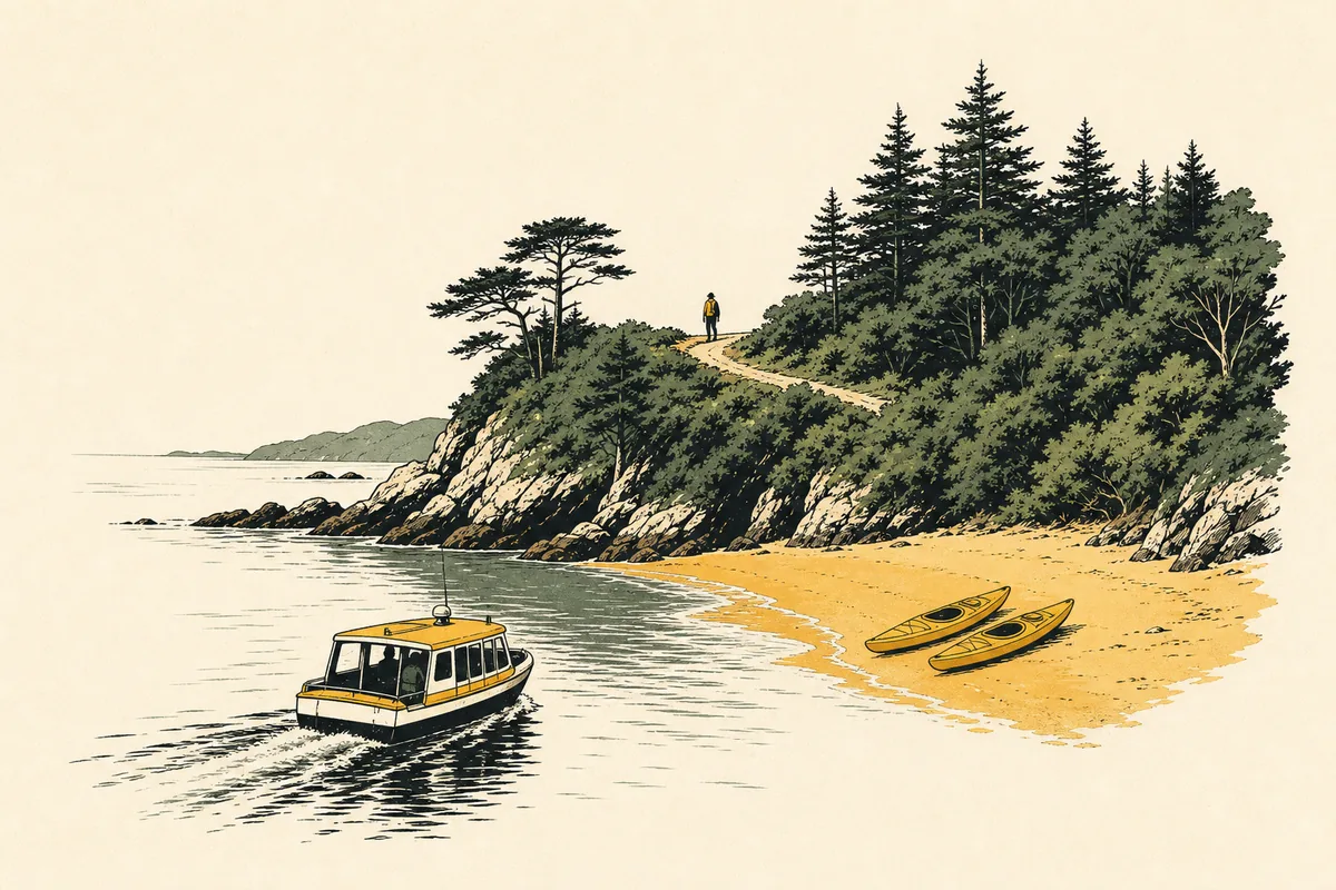 Illustration of a small water taxi arriving at a golden forest-backed cove with two beached kayaks, the bay curving toward a distant sunlit town