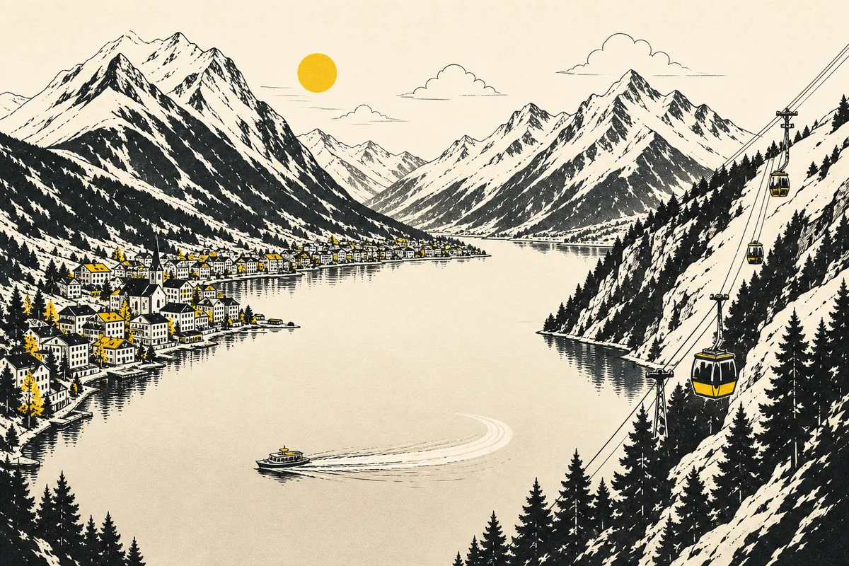 Illustration of a lake town ringed by snow-topped peaks, with a gondola line climbing one slope and a small boat trailing a white arc across the water