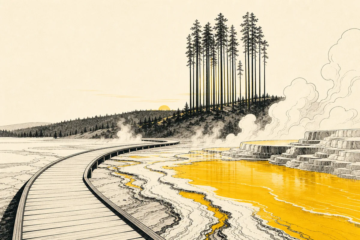 Illustration of a steaming geothermal terrace at first light, a boardwalk curving past a mineral pool towards a grove of very tall straight trees on a low ridge