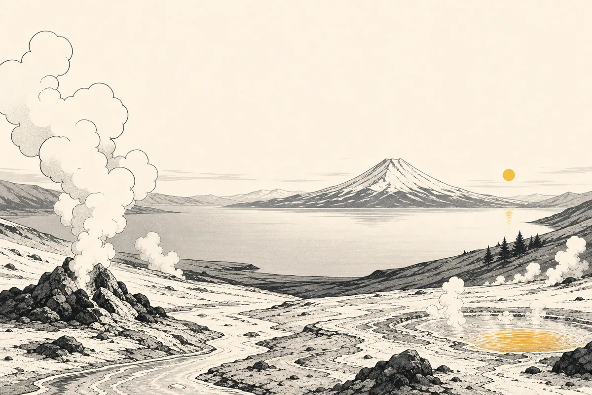 Illustration of a broad lake seen past a steaming geothermal valley, with a snow-dusted volcanic cone rising on the far horizon under low winter light
