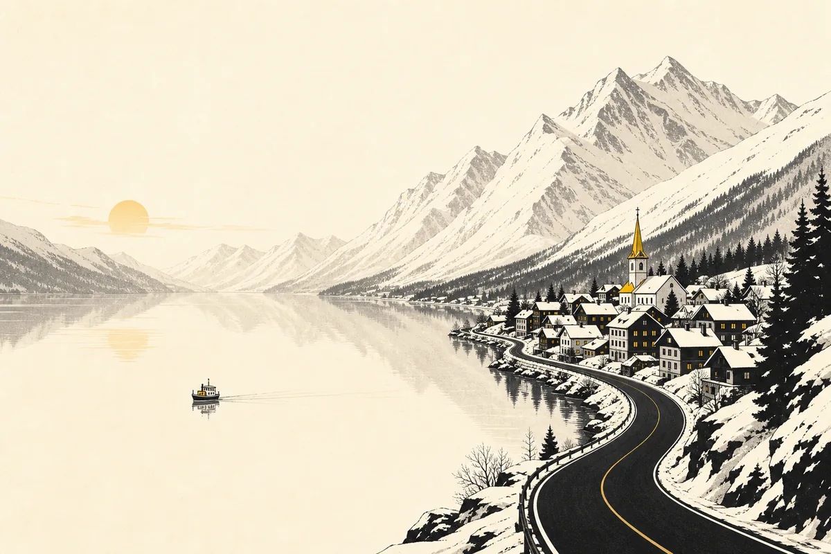 Illustration of a small lakeside town beneath snow-dusted mountains, a single road winding along the shore toward a distant pass and a small boat crossing the wide lake