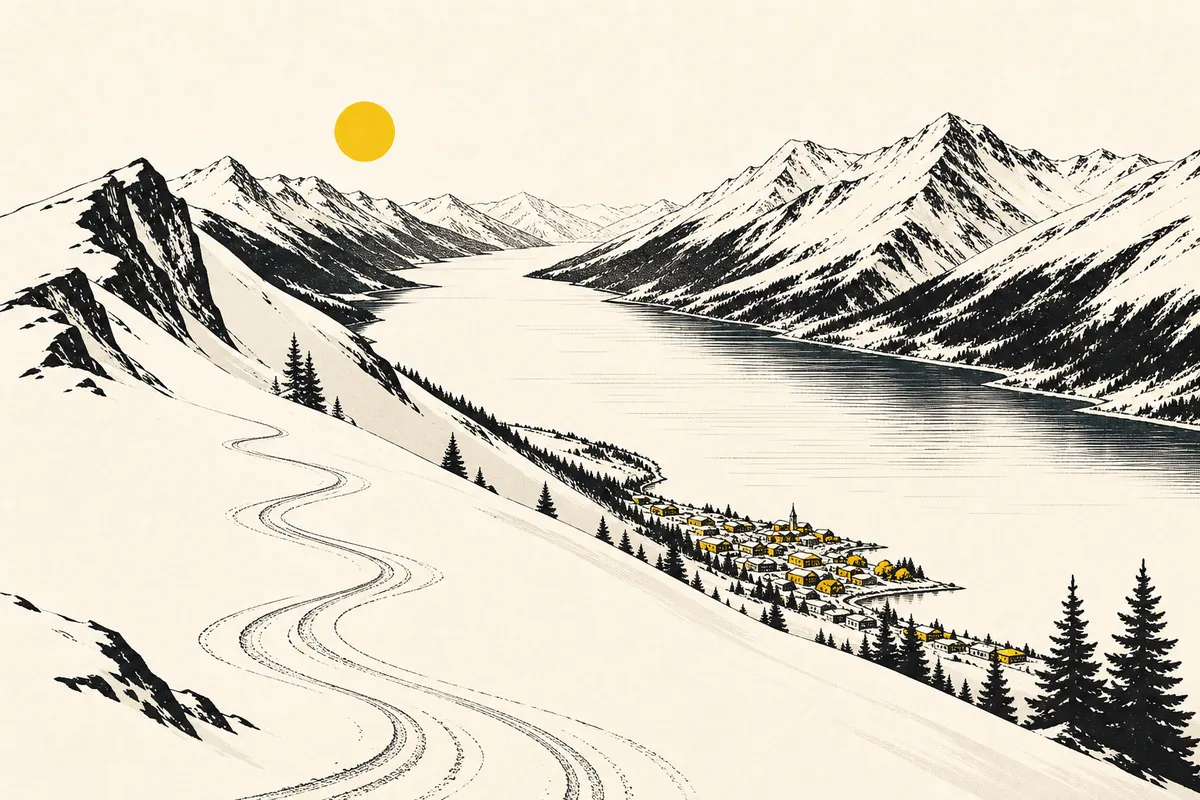 Illustration of a snow-covered mountain shoulder above a long lake, with ski tracks winding down toward a small lakeside town in the valley below