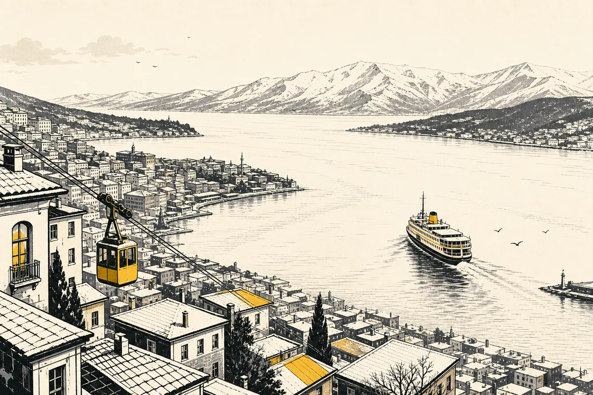 Illustration of a harbour city on steep hills seen from a lookout, with a passenger ferry heading out through the harbour mouth toward mountains on the far shore and a small carriage climbing a cable line above the rooftops