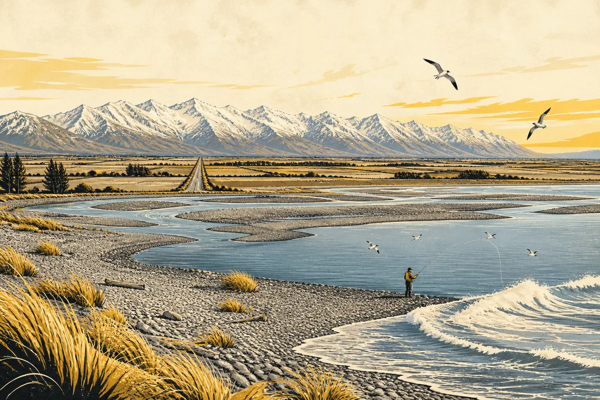 Illustration of a braided river mouth lagoon on a shingle coast, seabirds wheeling above an angler casting near the surf, with flat farmland reaching inland toward distant snowy mountains