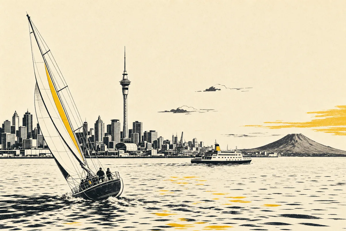 Illustration of a harbour city skyline with a slender observation tower, a passenger ferry crossing toward a low volcanic island, and a sailing yacht heeling over on calm water