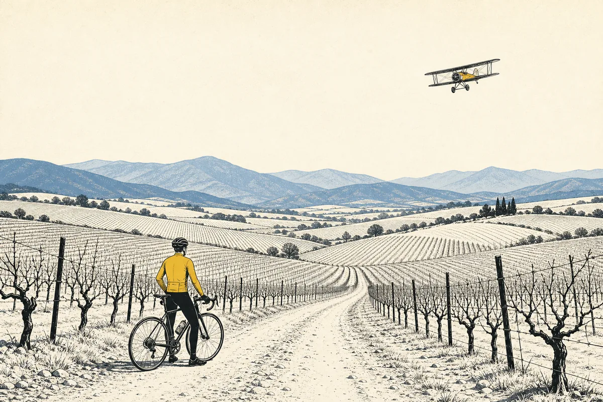 Illustration of a cyclist pausing on a gravel lane between rows of winter vines in a broad valley, with a vintage biplane high above distant hills