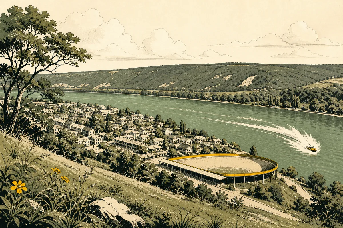 Illustration of a river town with a curved cycling track on its edge, a jet boat throwing spray on a wide green river, and a forested ridge on the horizon