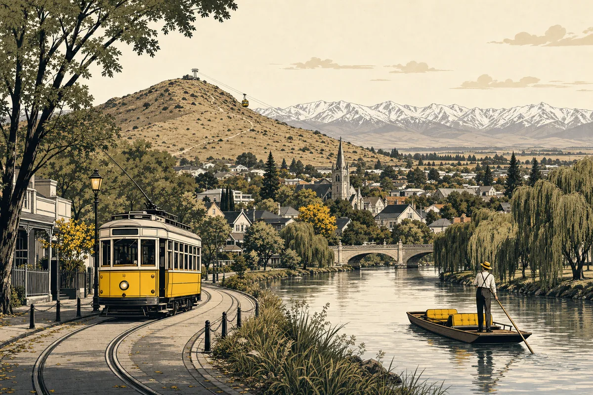 Illustration of a flat river city with a heritage tram curving past a punt on a willow-lined river, a cable car climbing a brown hill behind, and snow-capped mountains far in the distance