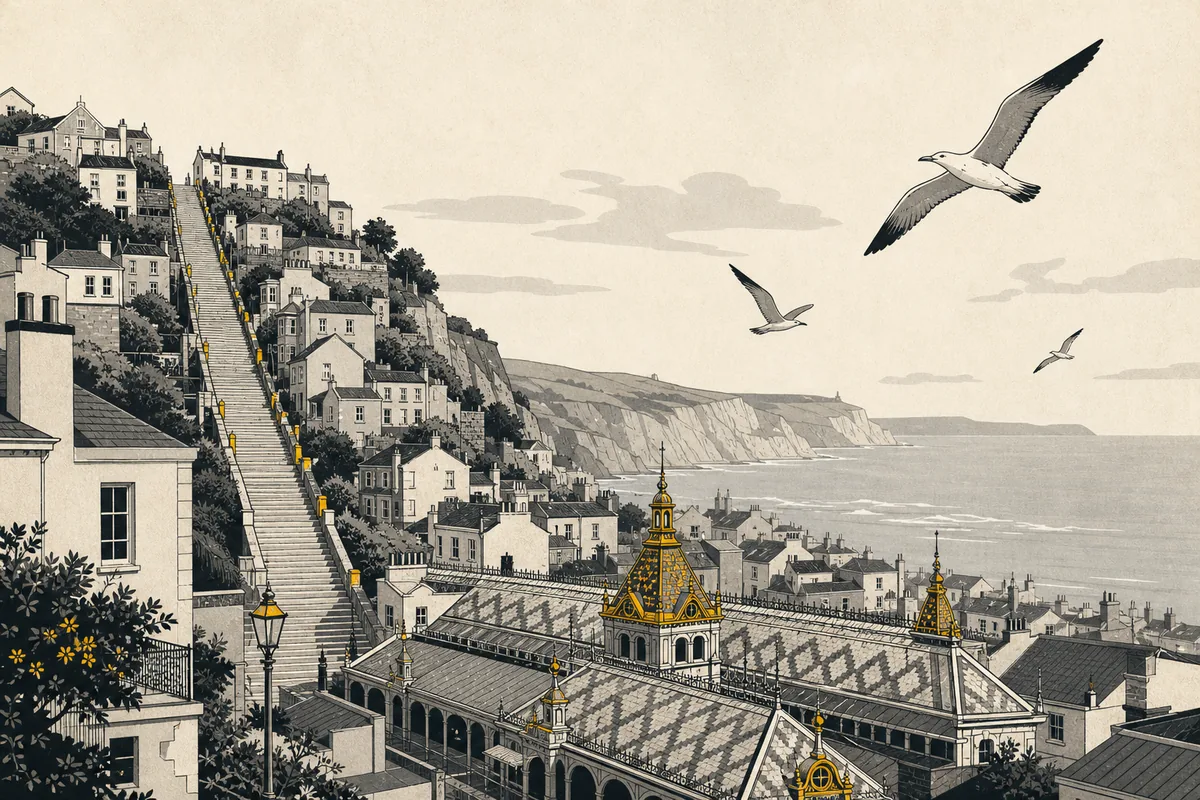 Illustration of a coastal southern city with a very steep terraced street, an ornate railway station rooftop below it, and seabirds gliding over headland cliffs beyond