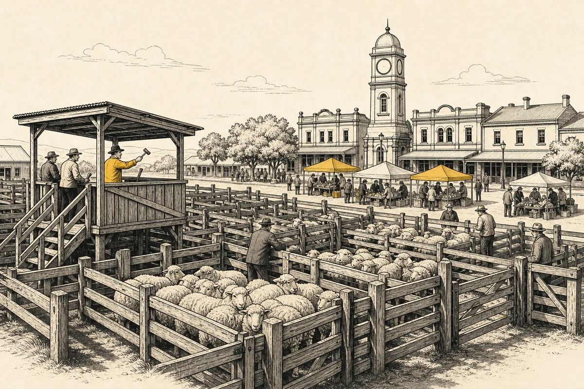 Illustration of timber livestock pens and a raised auction rostrum a block from a small country town's square, where market stalls stand beneath a clock tower ringed by two-storey Edwardian shopfronts