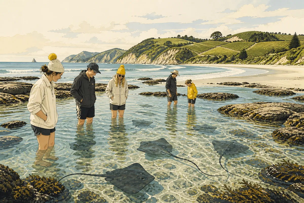 Illustration of visitors wading on a shallow rocky reef at low tide as stingrays glide past their feet, with a curving surf beach, green headlands and rows of vines in the distance