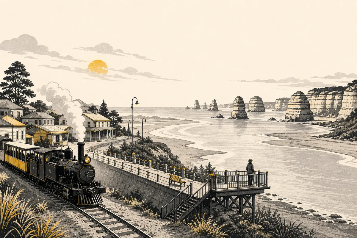 Illustration of a wide river mouth town on a rugged coast, with a small heritage steam train, a stopbank promenade beside the river, and layered limestone sea stacks along the shore to the north