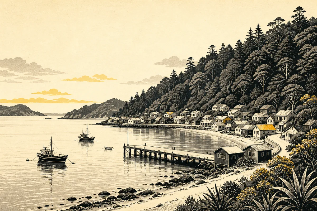 Illustration of a small southern island township curved around a sheltered bay, with a wooden wharf, fishing boats at anchor and dense rainforest rising steeply behind the roofs